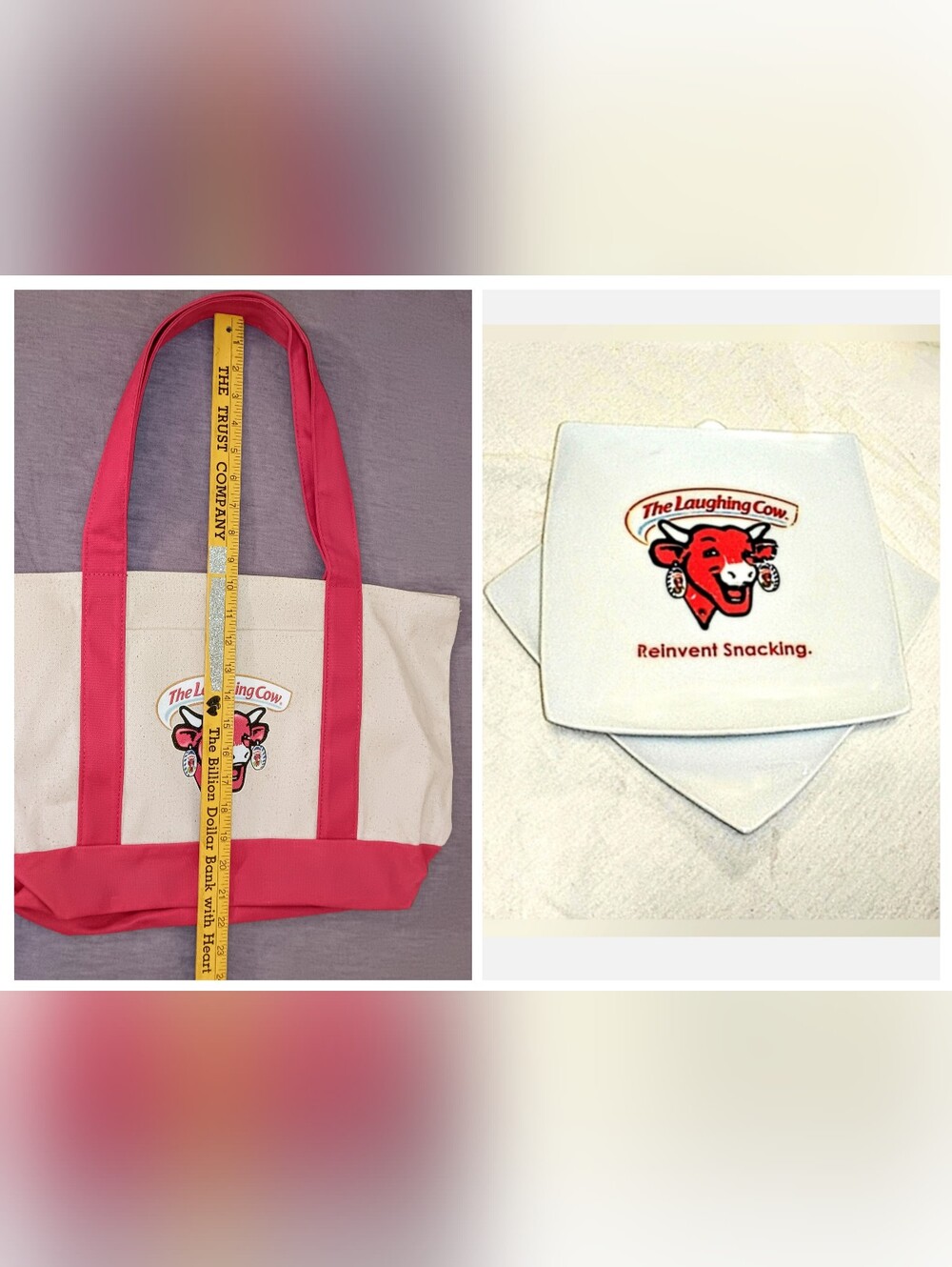 RARE Laughing Cow Collectible Plate Set Square + Red & White Tote Bag Gift Set